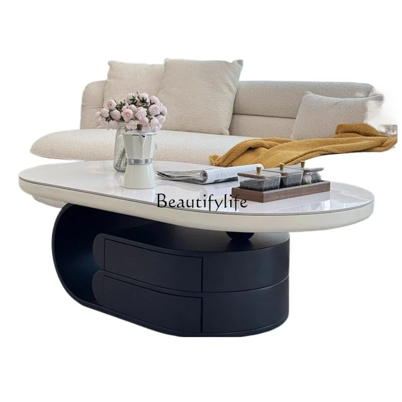 

LJYCream wind oval rock slab coffee table new living room household small apartment modern and simple