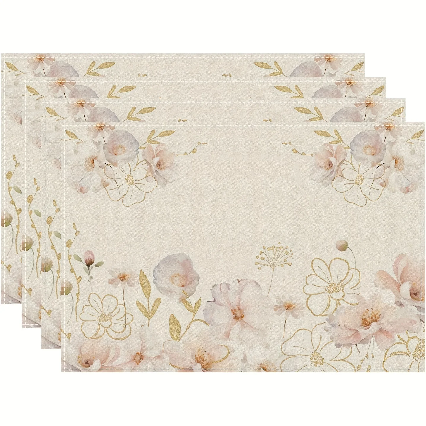 

4pcs, Golden Pink Watercolor Flowers Spring Summer Seasons Linen Placemats Set of 4 Table Mats 12 x 18 Inch Party Home Dining De