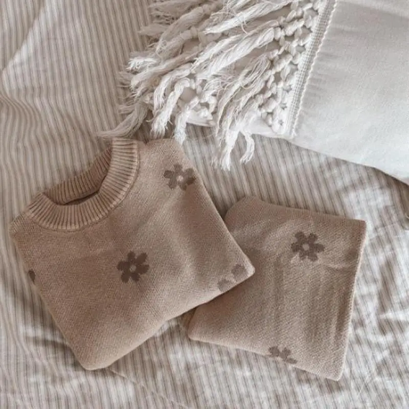 Girls Flower Print Knitted Pullover + Pants 2pcs Suit Infant Casual Sweater Outfits 2025 Autumn New Baby Flower Sweater Set