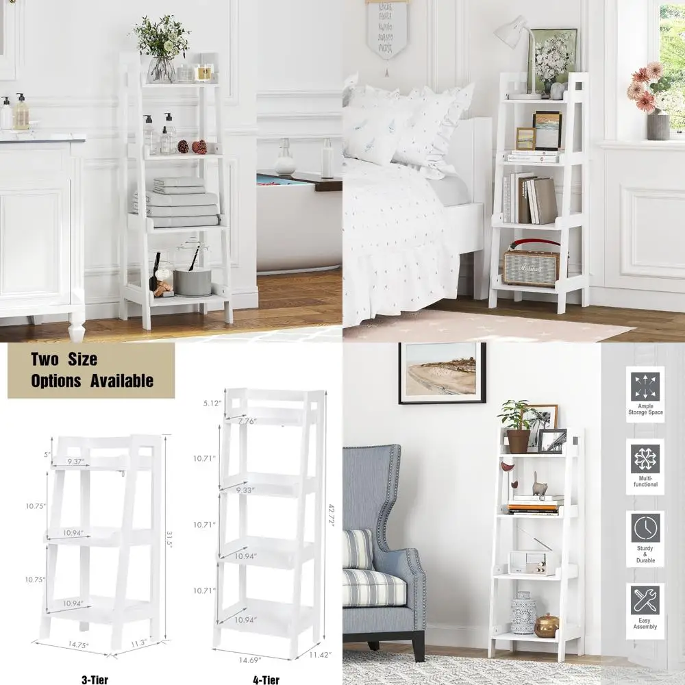 

White 4-Tier Ladder Style Freestanding Bathroom Shelf with Open Wood Shelves for Space Saving
