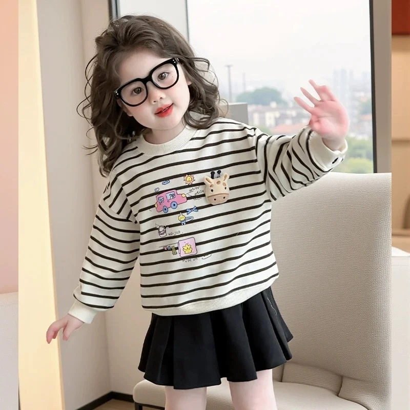 

2026 Autumn Spring Hoodie Fashion Kids Girls Clothes Sweatshirt Baby Tops Long Sleeve Striped Cartoon Pattern Knitted Top