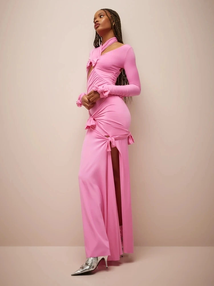 Modphy 2024 New Women Sexy bow Cutout design Long Sleeve Tight Side Slit Elegant Party Club Evening Pink Maxi Vestidos Gown