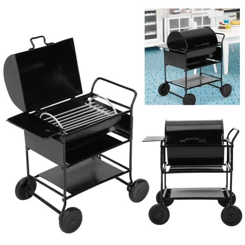 ドールハウスアクセサリー ミニBBQラック 手押し車 キッチンシミュレーションオーナメント 1:12