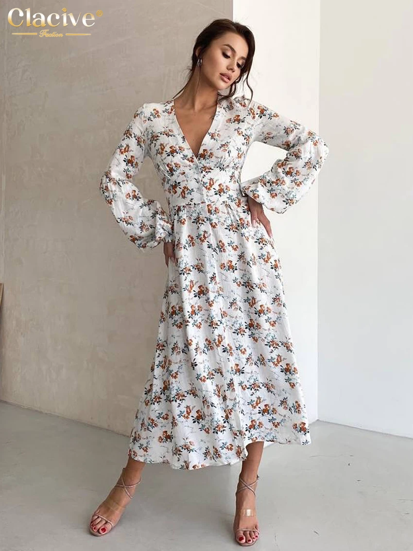 

Clacive Fashion Loose Print Women's Dress 2025 Sexy V-Neck Long Sleeve Midi Dresses Elegant Classic High Wiast Female Dress