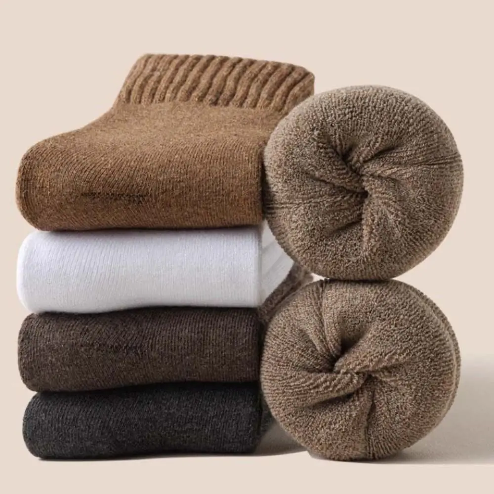 5Pairs Basic Simple Thicken Warm Socks Solid Color Stripe Thermal Mid Length Socks Thicker Mid Tube Winter Socks Men Sleeping