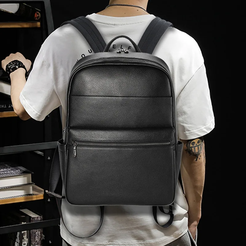 Double Zipper Backpack Men Genuine Leather Fashion Schoolbag For Teenager Boys Travel Bag Large Capacity 15inch Laptop Backpacks