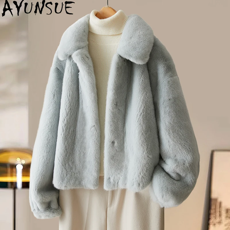 AYUNSUE 천연 밍크 모피 코트 여성용 럭셔리 리얼 퍼 자켓 전체 여성용 밍크 코트 겨울 의류 패션 여성용 코트