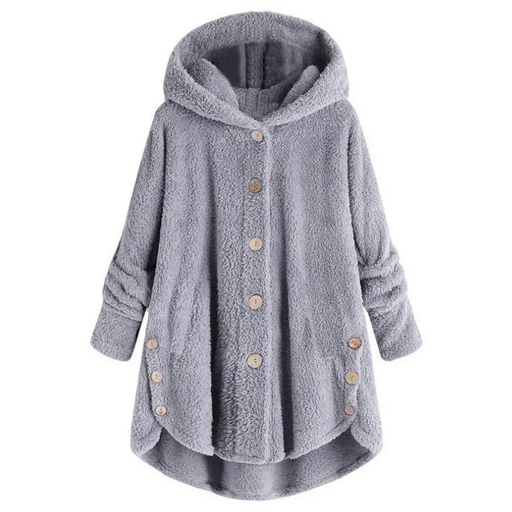 Hoodies Women Plus Size Button Plush Tops Hooded Loose Wool Coat Winter Jacket Keep Warm Pockets Sweatshirts Tops