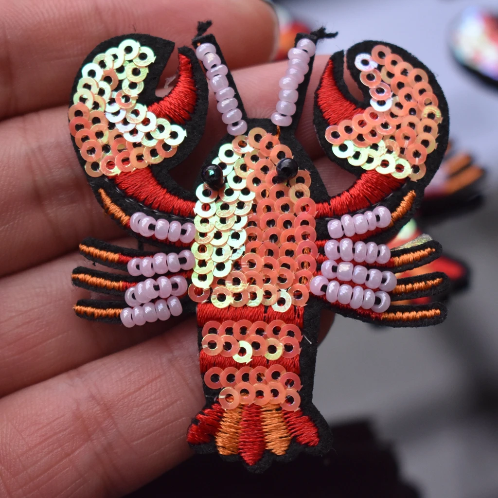 Beaded Lobster Crab Patches Embroidery Sequin Applique Turtle Applique Sew on Bag Shoes Clothes Decorate Accessory