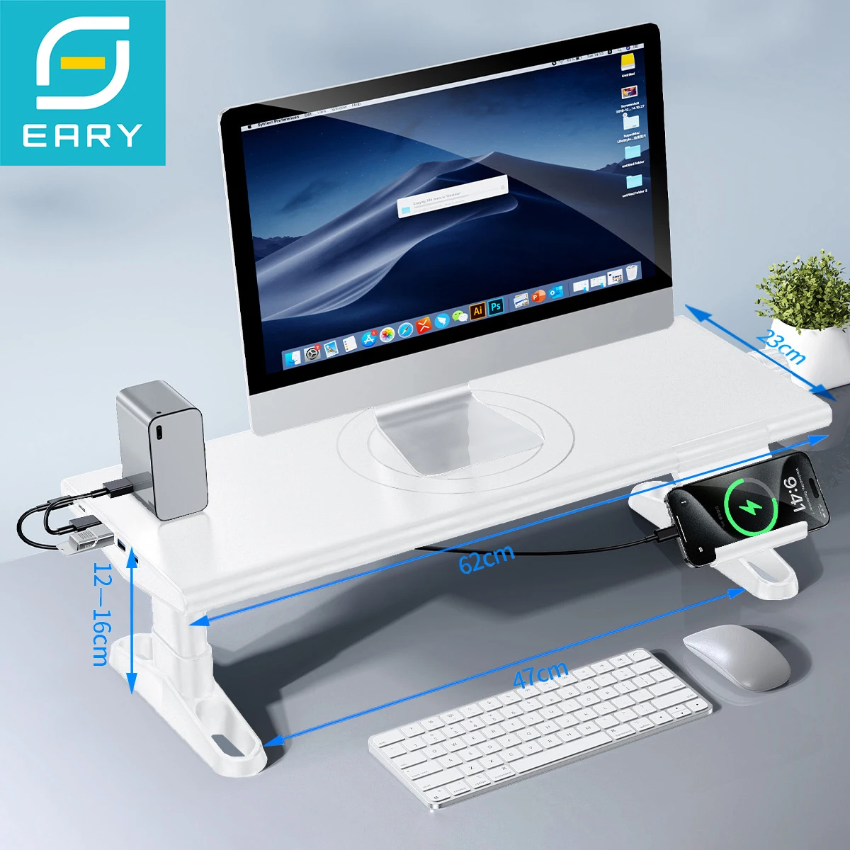 

Eary Laptop Computer Monitor Stand Riser 4.5-6.3" Height Adjustable With 4-Port USB 3.0 Type-C for Office Desktop & Phone Holer