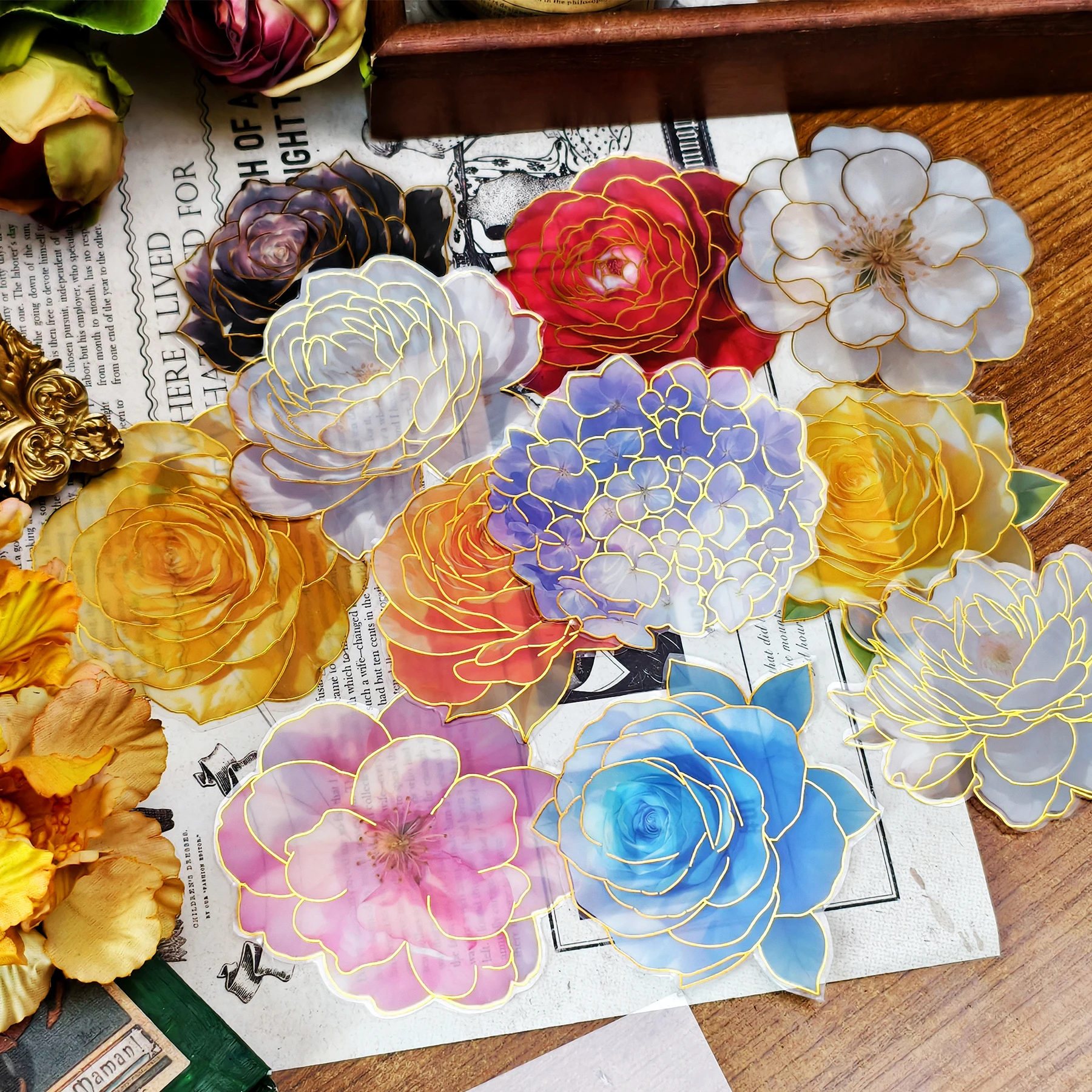 

64 шт., большой размер, наклейки с цветами для домашних животных, Золотая фольга, наклейки для скрапбукинга «сделай сам», художественный коллаж, мусорное украшение для журнала, канцелярские принадлежности