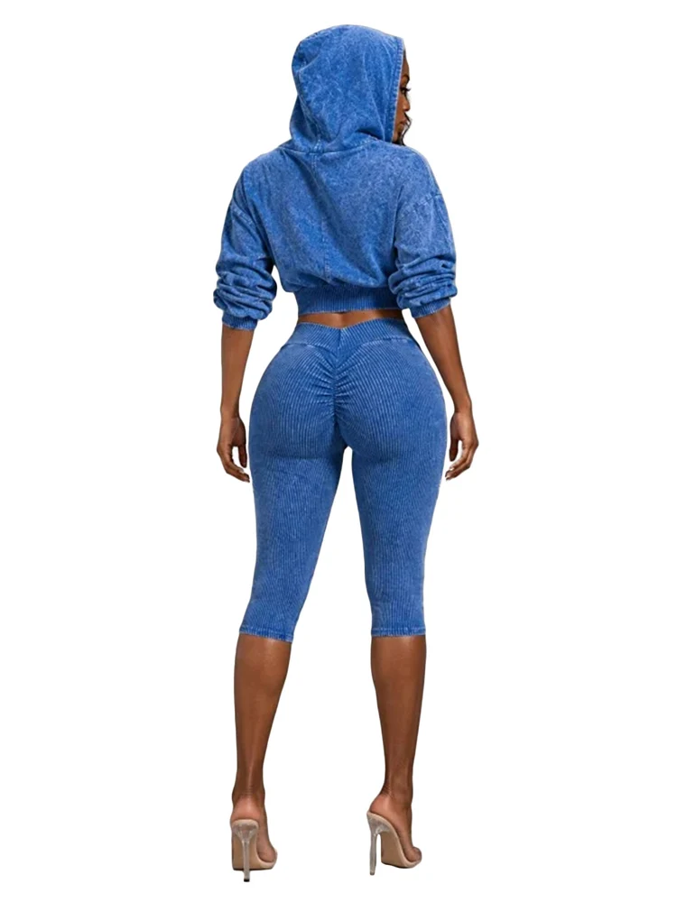 JENYAGE Damen 2-teiliges Outfit, Vintage-Look, gewaschene Kapuzenjacke mit Reißverschluss, hochtaillierte Caprihose mit Rippenstruktur, dehnbarer Trainingsanzug – Detail 3
