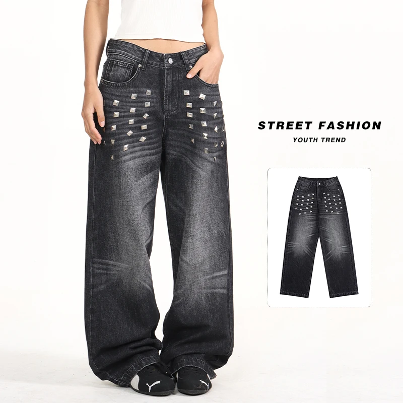 

Vintage Rivet Washed Denim Pants Men Women Baggy Wide Leg Denim Pants Couples Fashion Loose Y2K Pants Streetwear Black Blue