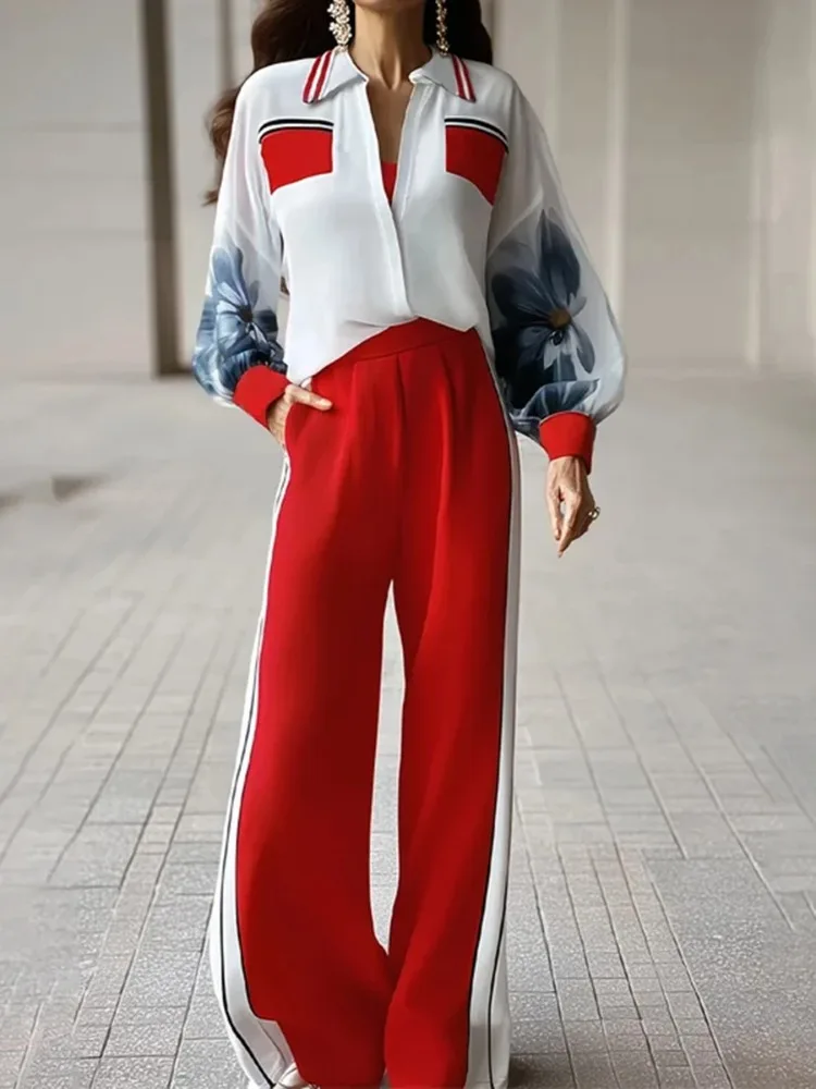 Conjunto Elegante Feminino Yeezzi de 2 Peças com Blusas de Manga Bufante Estampadas e Calças de Cintura Alta com Cores Contrastantes