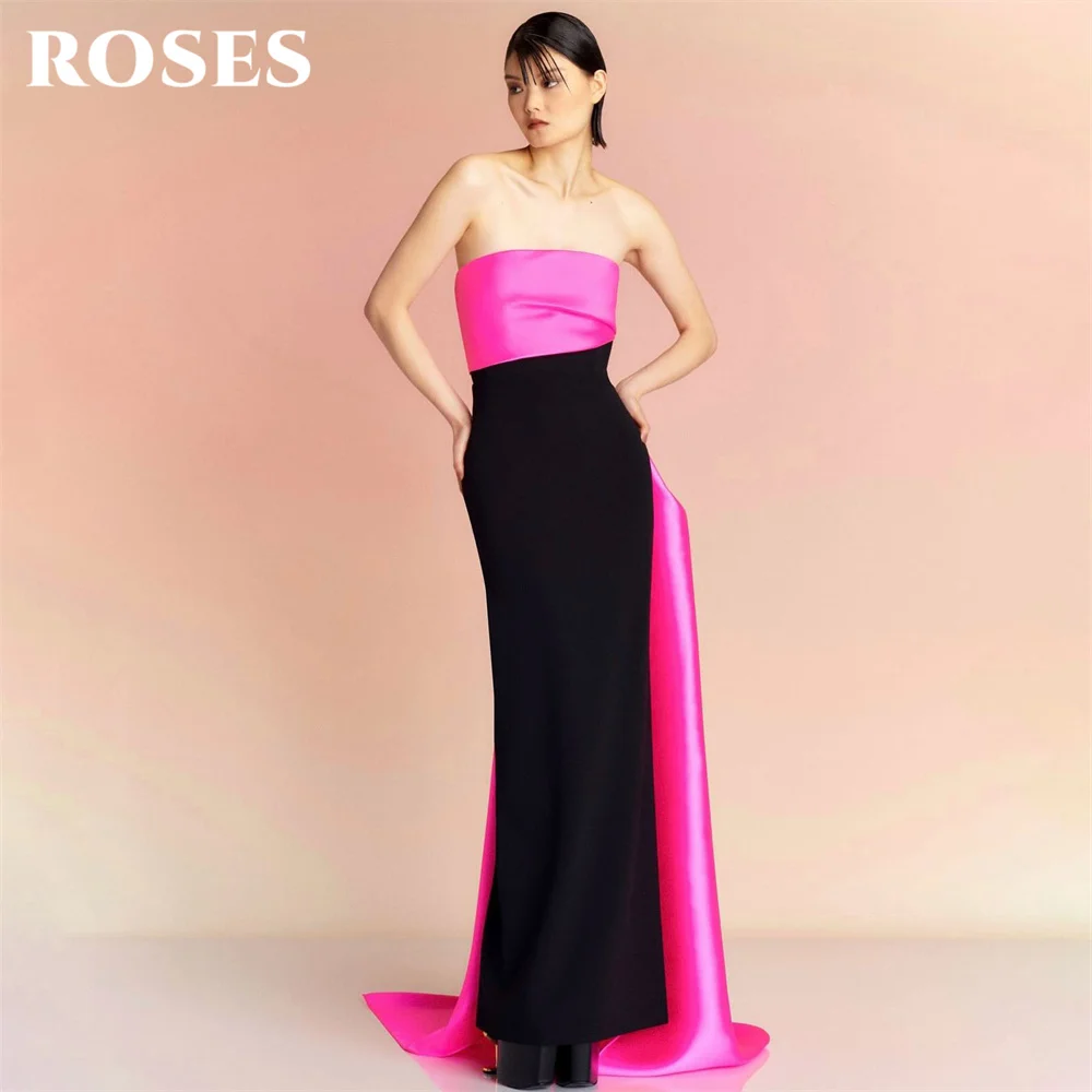 

ROSES Black and Hot Pink Prom Dress Asymmetric Satin Train Celebrity Dress Trumpet Women's Evening Dress Formal Gown Customized