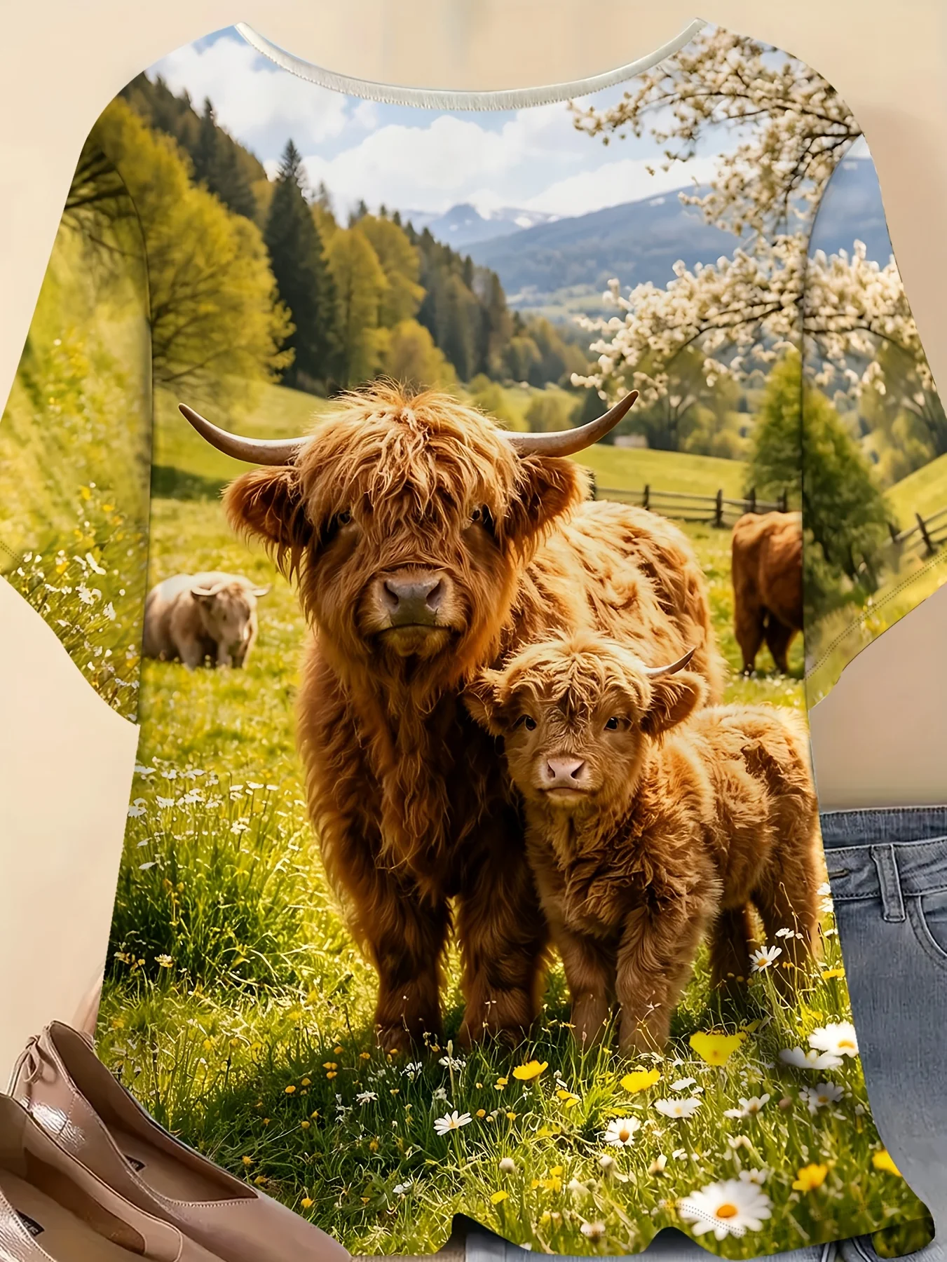 Women Crew Neck Short Sleeve T‑Shirt, Highland Cow Mom And Calf Pasture Mountain Scenery All‑Over Print Casual Summer Tee