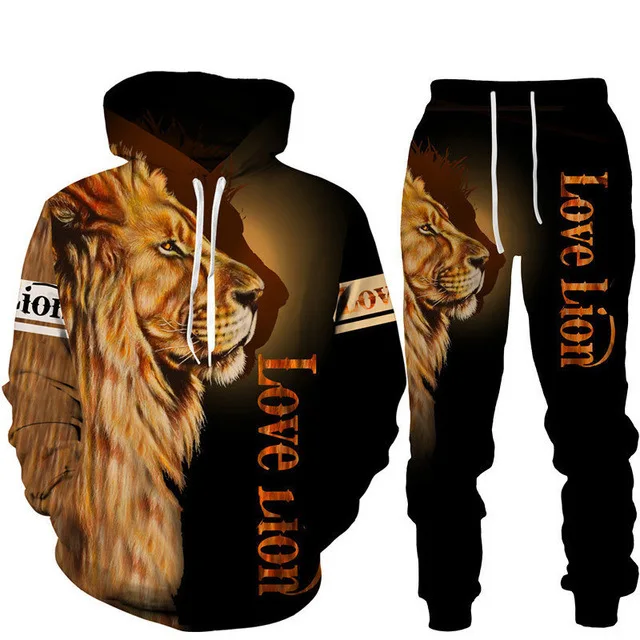 New Autumn/Winter Men's Hoodie Suit 3D Lion Print Men Women Sweatshirt Pants 2Pcs Outfits Oversized Man Clothing Sportswear Sets