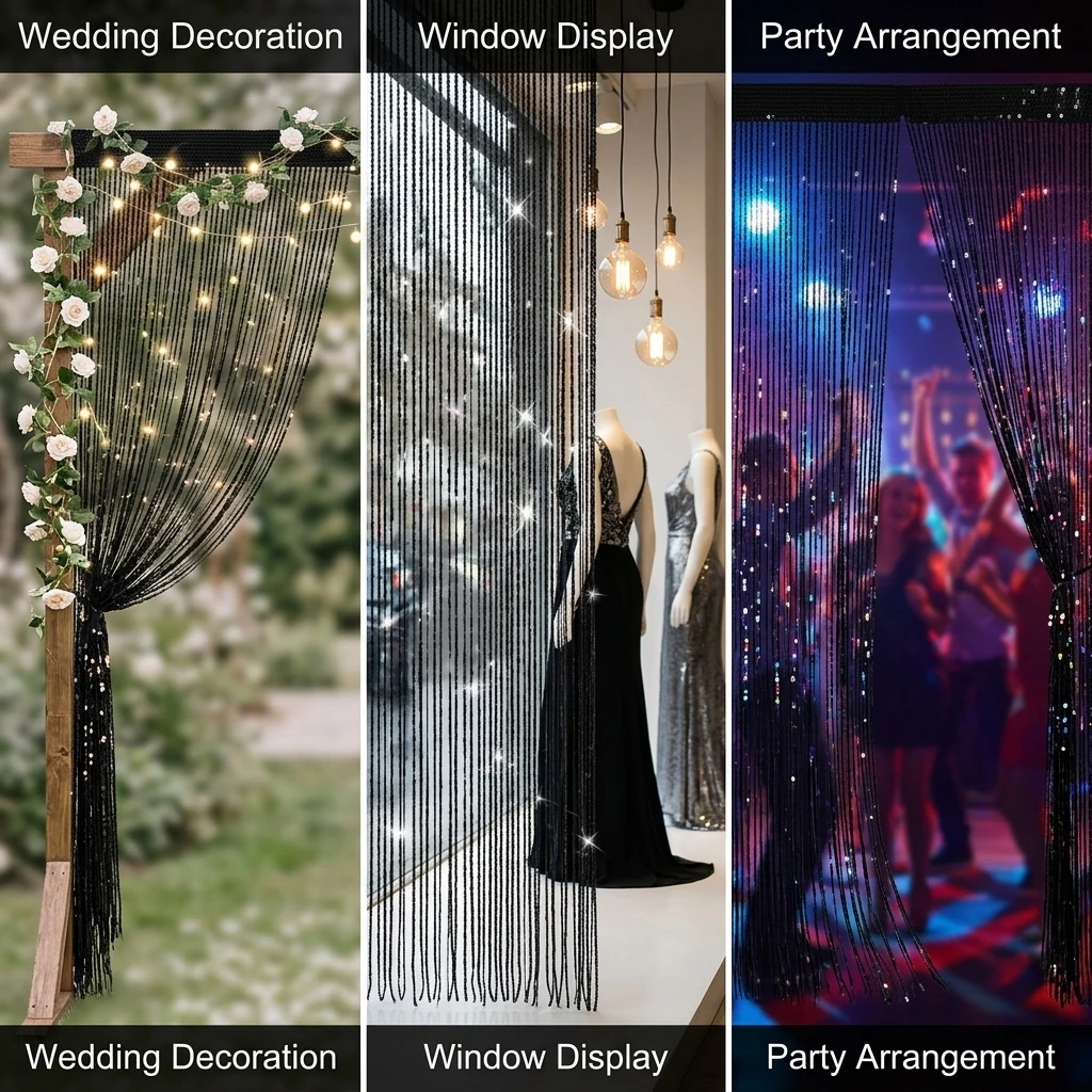 Sequin-Transparent Door Curtain with Fringe Decoration for Home and Shop Use