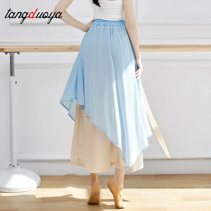 الرقص الشعبي الصيني السراويل الرقص الكلاسيكي النساء فضفاضة واسعة الساق بنطلون 2 طبقات الجنية الجسم قافية Dancewear الجانب سبليت حجم كبير