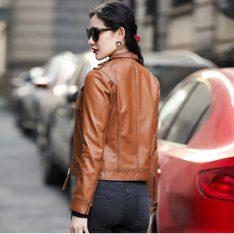 2022 Women Short Locomotive Autumn and Winter New Stand-up Collar Jacket  All-match Leather Jacket G3