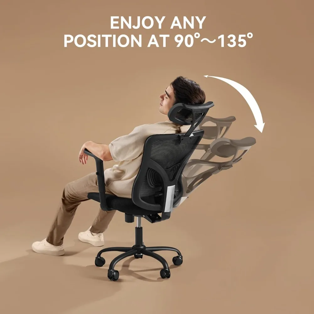 Kursi kantor ergonomis, dengan 2 inci penopang pinggang dapat disesuaikan, sandaran tangan 2D, sandaran tangan, kursi kantor, relaksasi goyang 135 °