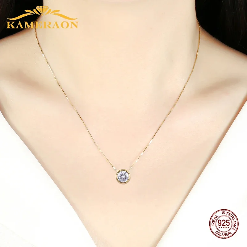 Kameraon 925 Sterling Silver Jewelry Women Personality Round Simulated Diamond Necklace Gold Silver Color Wedding Pendants Gift