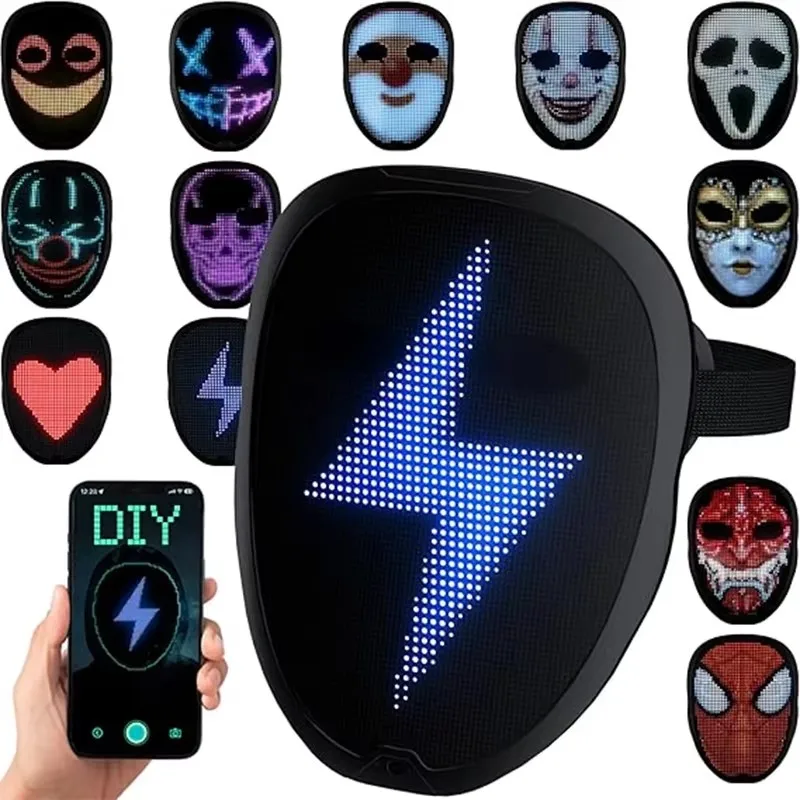 LED Light Up Mask Bluetooth APP Control DIY Full Color Picture Glowing Mask for DJ Party Dance Bar Festival Cosplay Props