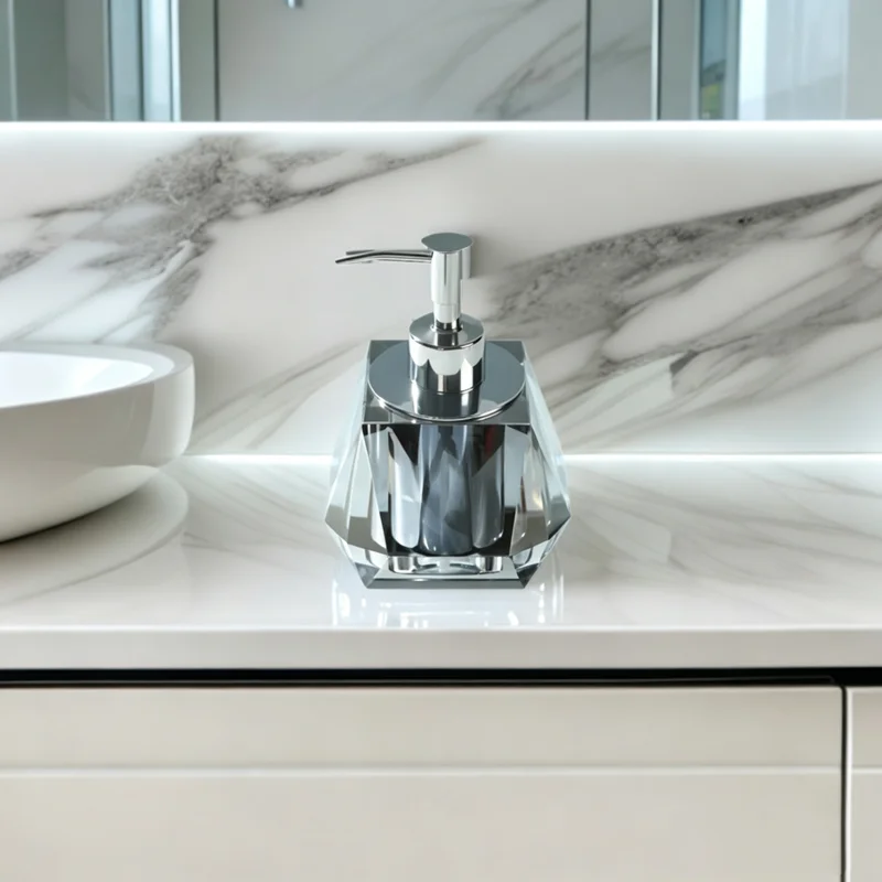 Geometric Square Crystal Glass Soap Dispenser, Shampoo Dispenser, Bathroom Accessories, Stainless Steel Nozzle, Sanitizer Holder
