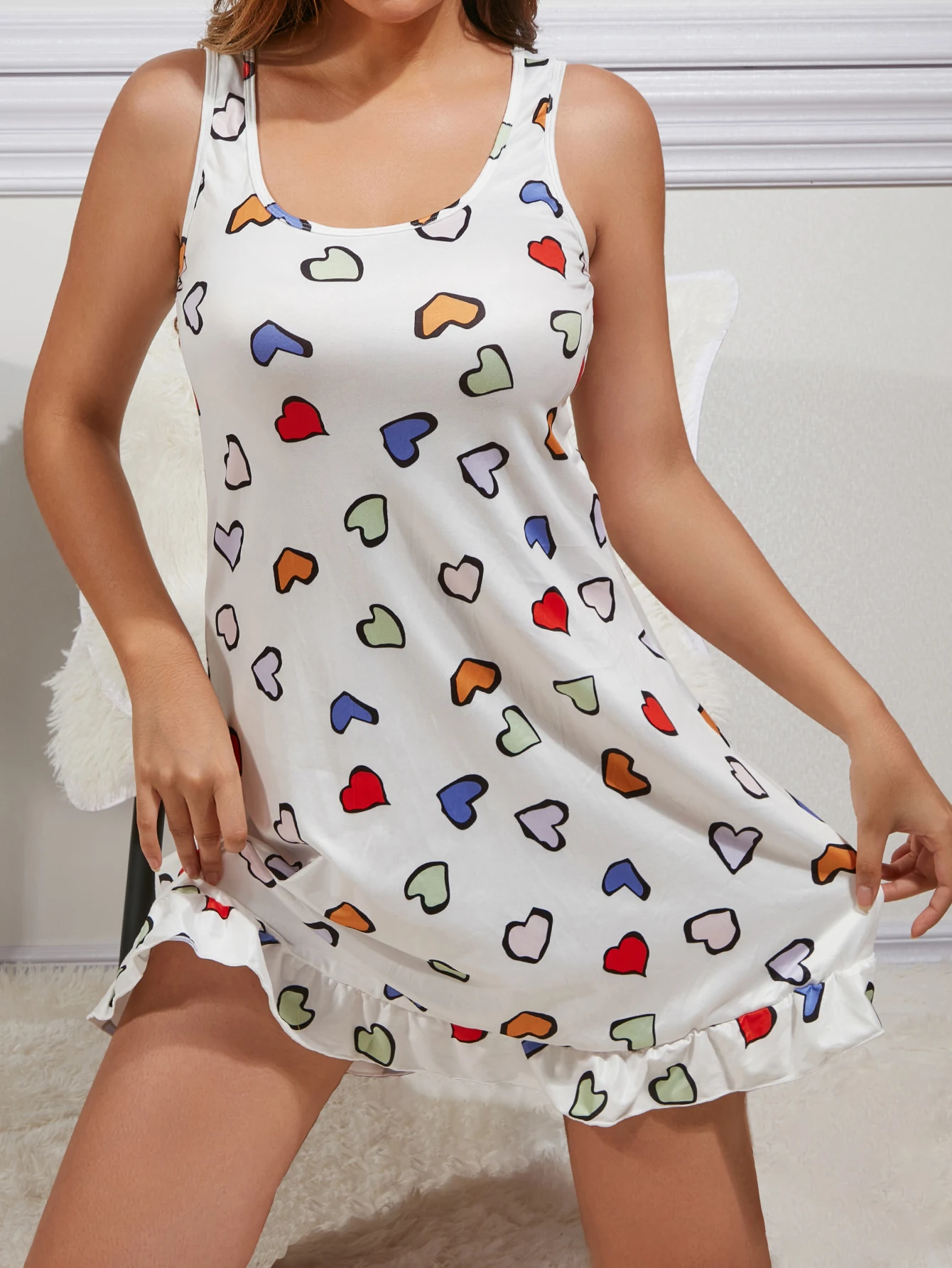 Sexy Heart Print Slip Nightdress Lettuce Trim Round Neck Sleep Dress For Valentine\'s Day Women\'s Sleepwear Dresses 2024