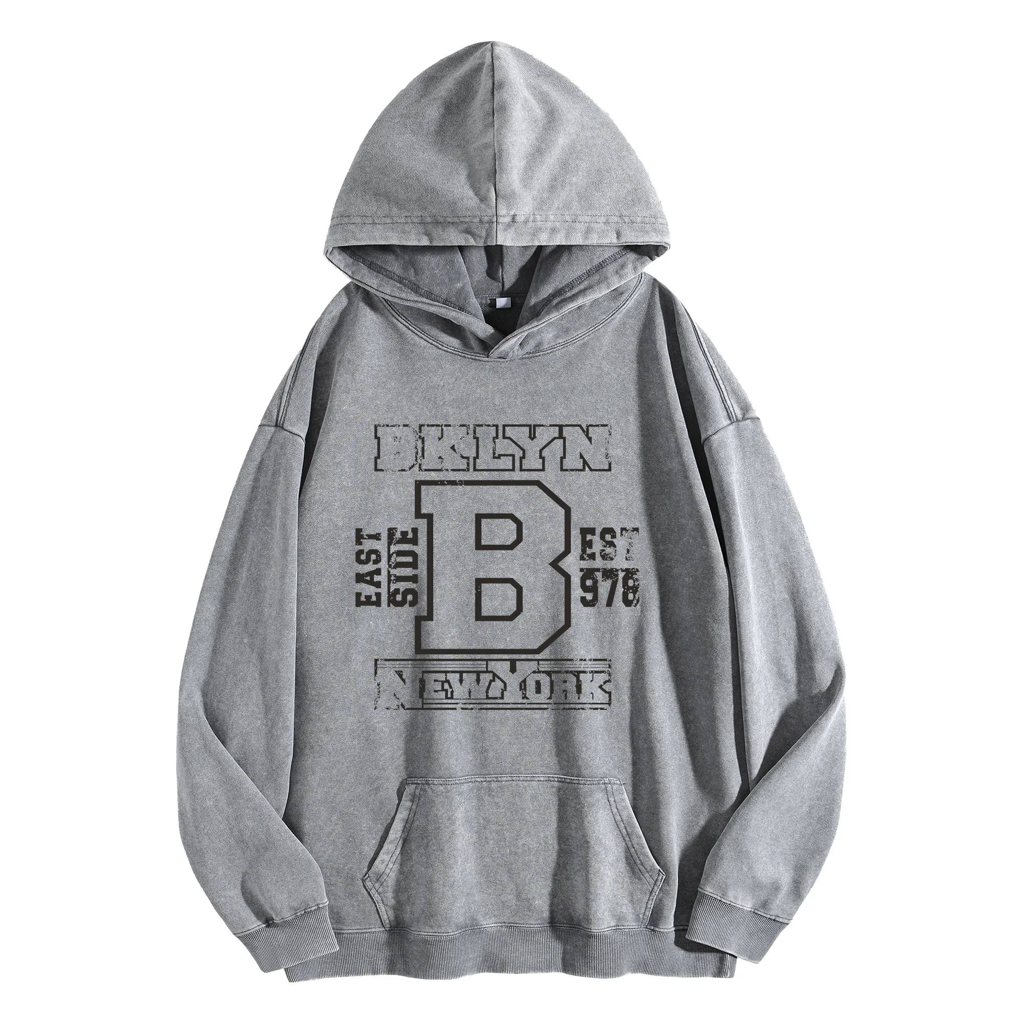 BKLYN طباعة جرافيك 400G هوديي عتيق مغسول للجنسين بلوفر كبير الحجم ملابس الشارع مجموعة الخريف/الشتاء #2
