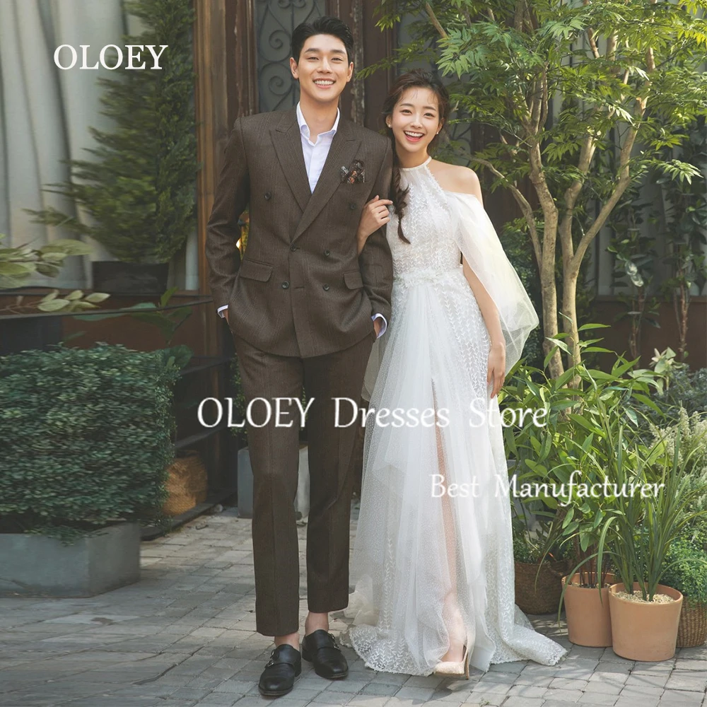 

OLOEY Luxury A Line Halter Wedding Dress With Detachable Sleeves Korea Photoshoot Pleats Lace Tulle Bridal Gown Floor Length