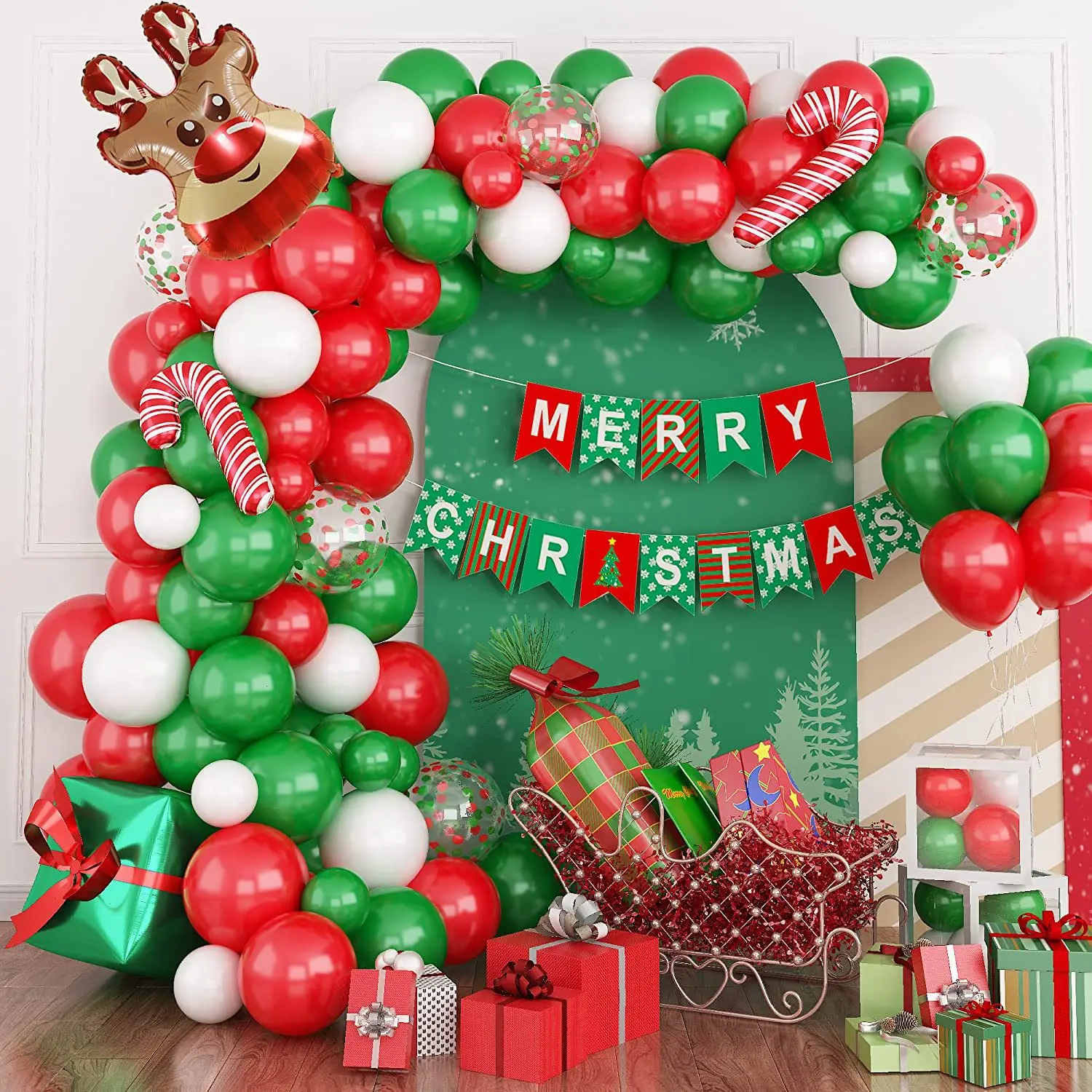 2023 Christmas Balloon Arch Green Gold Red Elk  Balloons garland Cone Explosion Star Foil Balloons New Year Christma Party Decor