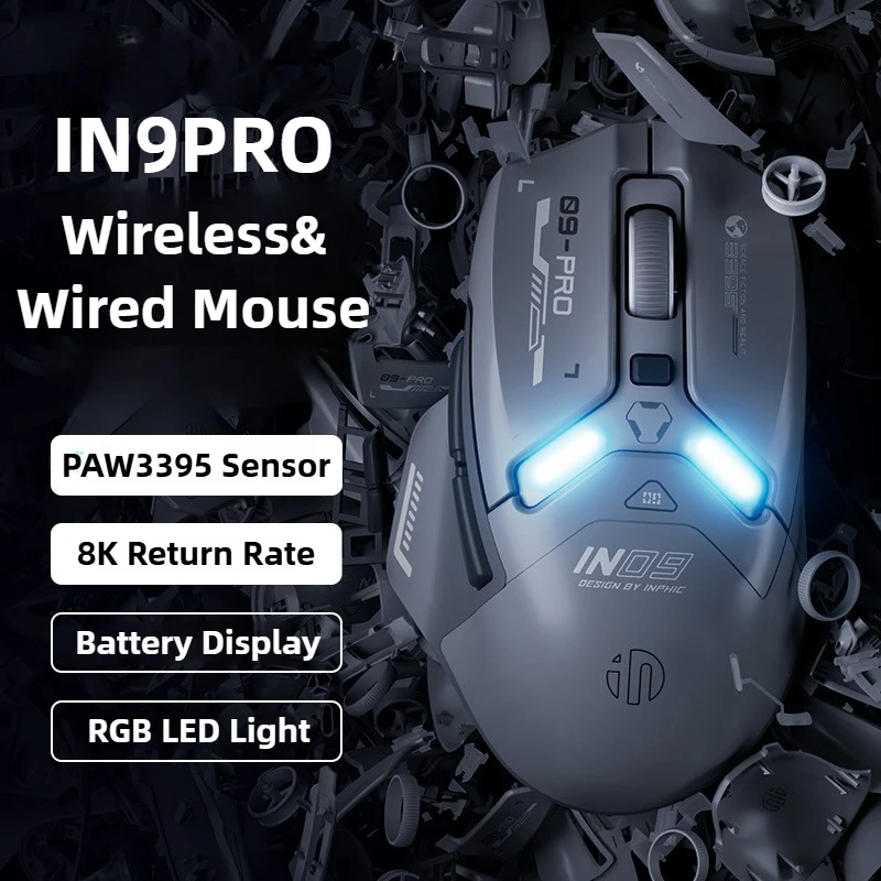

IN9 2.4G Bluetooth Type-C Wireless/Wired Mouse RGB Lighting Effect PAW3395 Sensor Rechargeable Mouse for Desktop Laptop Tablet