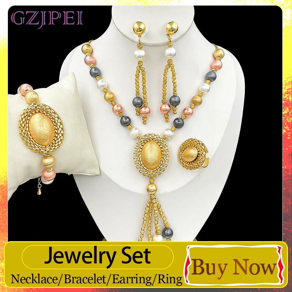 GZJPEI Dubai African Tri Tone Tassel Jewelry Set Retro Frosted Beads Necklace Bracelet Ring Earring Boho Jewelry Gifts 2026 New