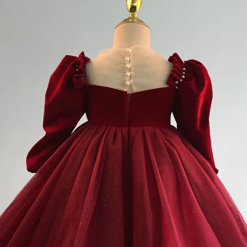 Newborn Baby Girl Princess Xmas Red Pearl TuTu Dress Puff Long Sleeve Child Tulle Vintage Winter Evening Gown Baby Clothes 1-12Y