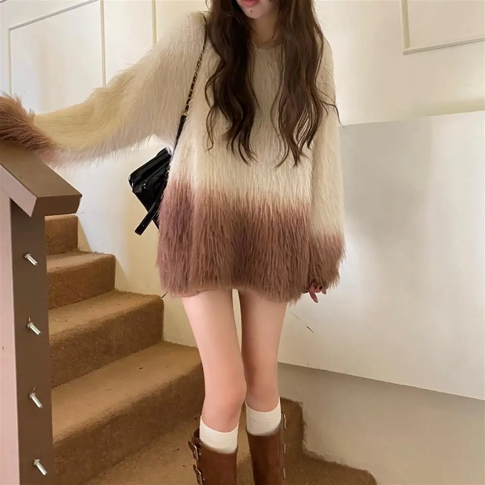 

Fashion Gradient Color V-Neck Sweaters Woman Winter Thicken Soft Glutinous Knitted Pullovers Women Loose Long Sleeve Sweet Tops