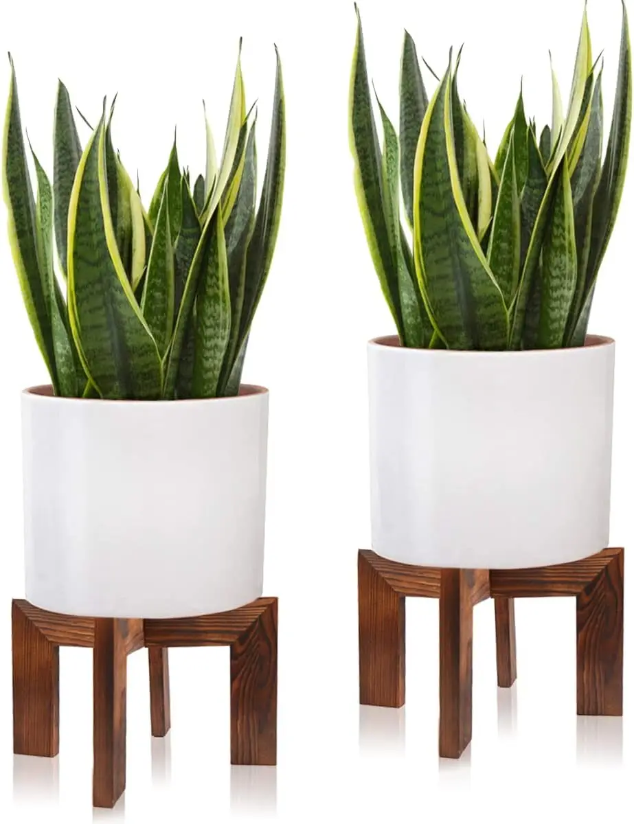2 Pack Wood Plant Stand, Mid Century Modern Planter Stand Rattan Flower Pot Stand, Low Short Plant Stands Indoor - Boho