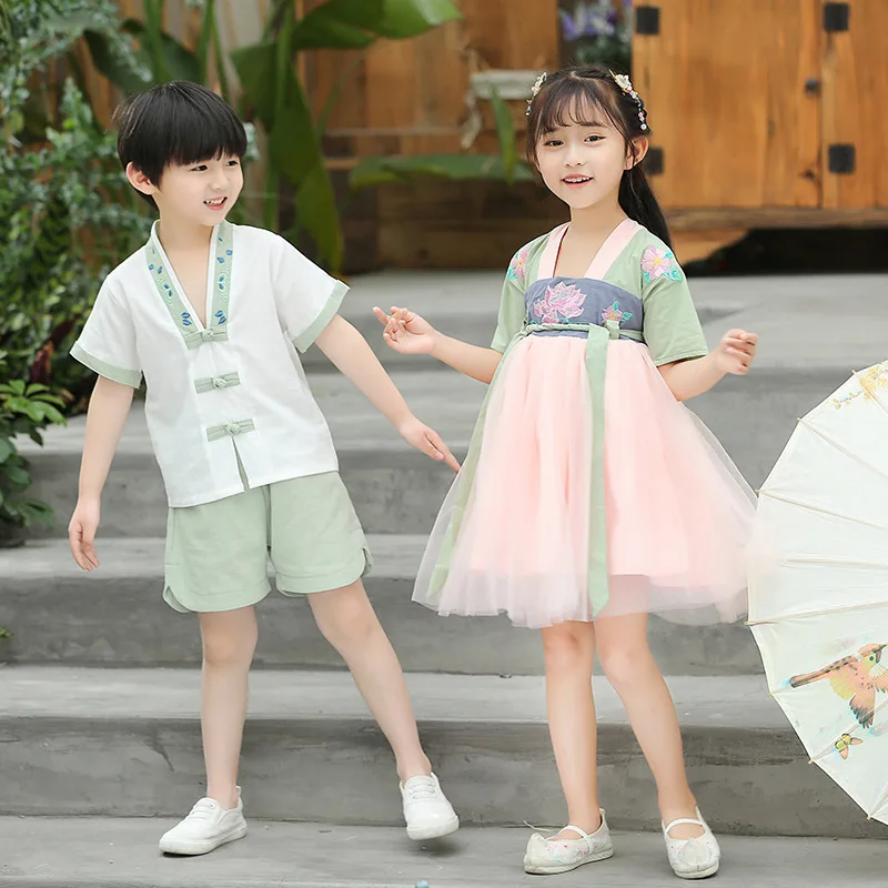 

Boy And Girl Summer Chinese Traditional Vintage Button Hanfu Kid Oriental Retro Two Piece Suit Performance Role Play Dresses
