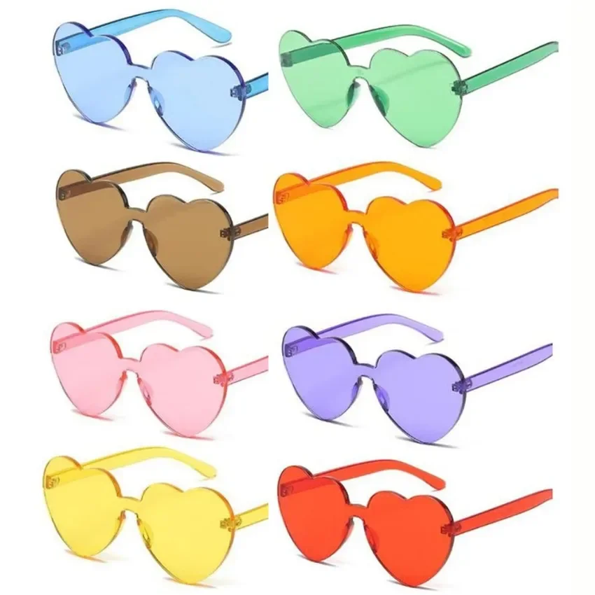 FOENIXSONG Y2K Heart Sunglasses Women Men Frameless UV400 Pink Green Yellow Blue Orange Purple Brown Red Sun Glasses