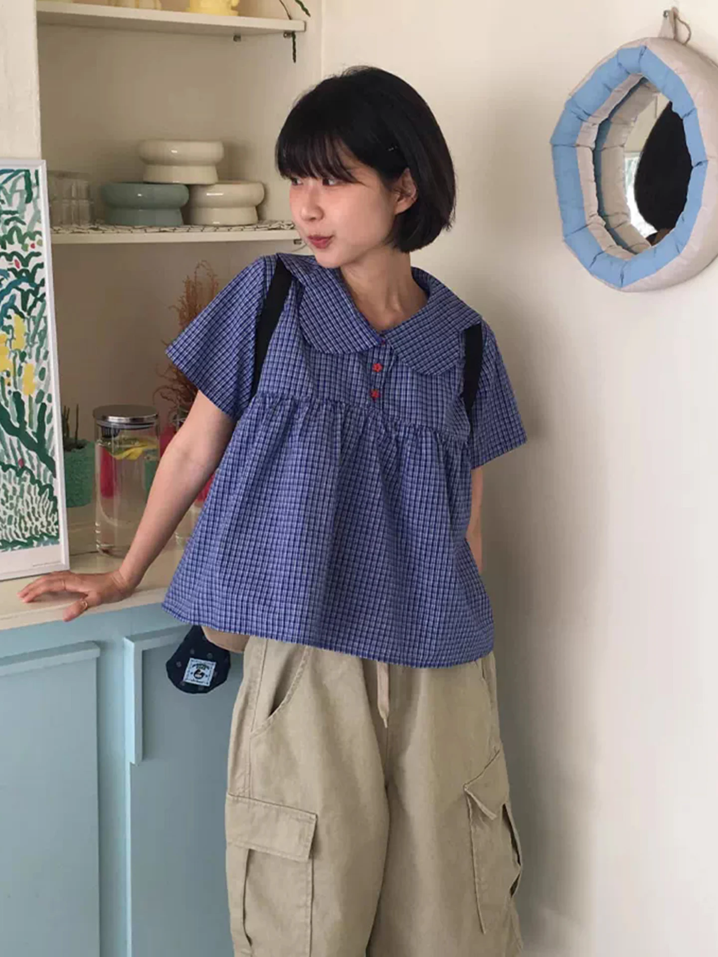 

Chic Summer Short Sleeve Button up Doll Collar Shirt Women's Top Korean Style Polyester Fiber Casual Wear for Young Girls