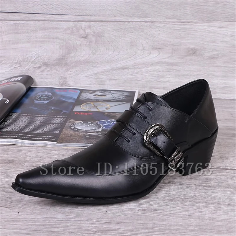 블랙 정품 가죽 남성 비즈니스 신발 뾰족한 발가락 레이스 업 버클 두꺼운 굽 옥스포드 웨딩 파티 정장 드레스 신발