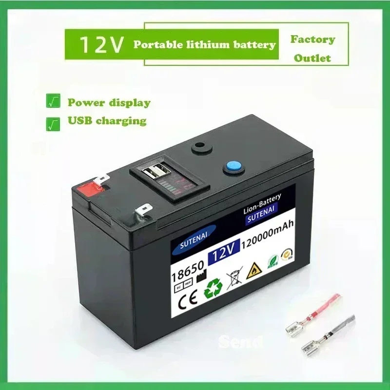 12V Battery 120Ah 18650 lithium battery pack Rechargeable battery for solar energy electric vehicle battery+12.6v3A charger