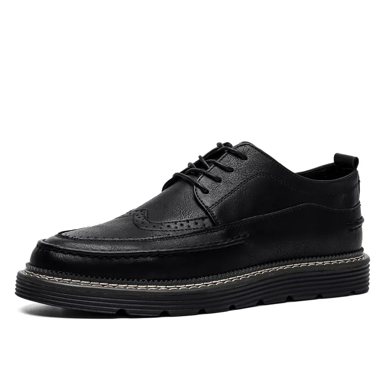 2024 Fashion Brogues Men Casual Shoes Flat Thick Sole Male Footwear Pure Black Shoes A4834