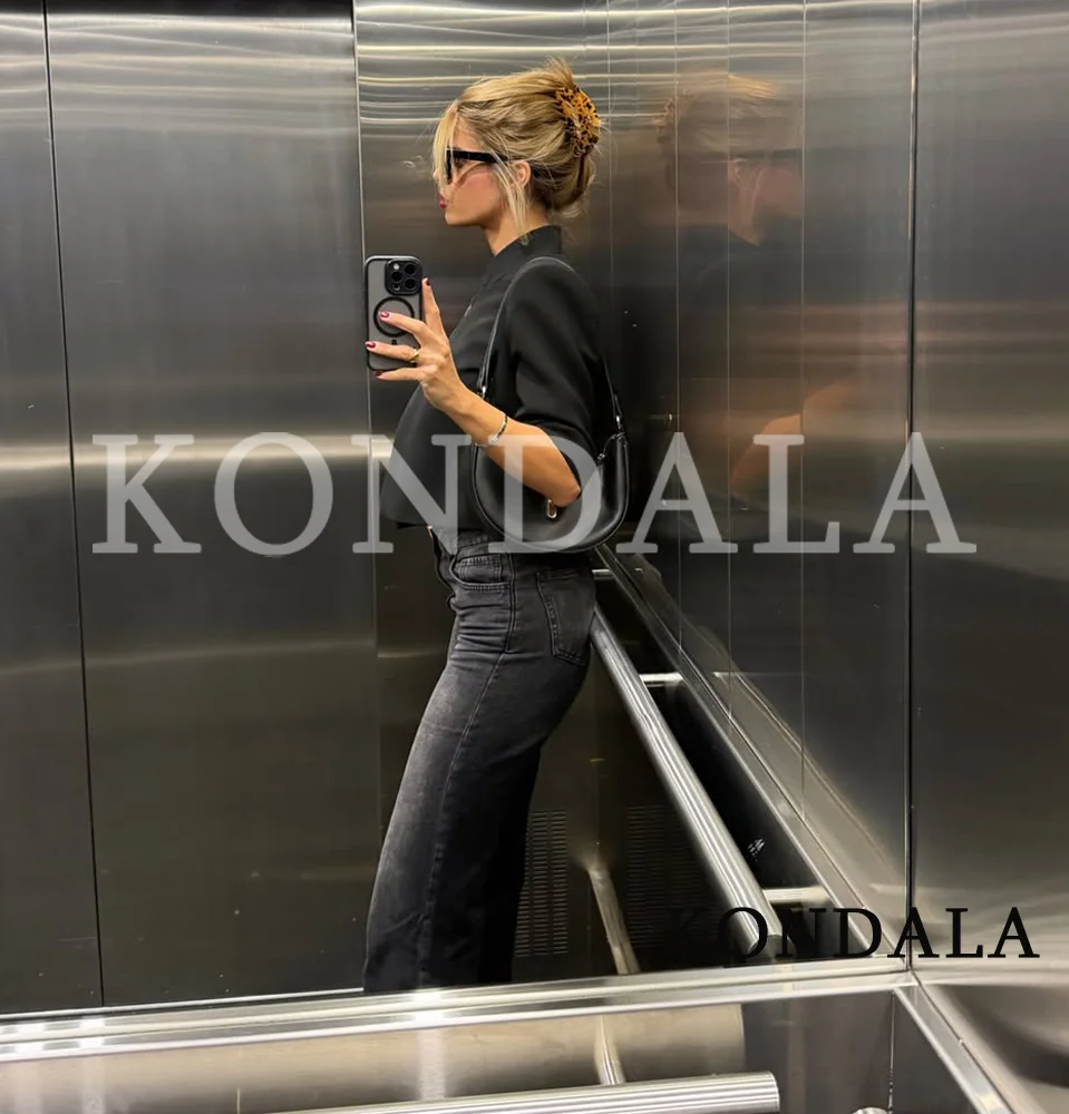 KONDALA Women Commute Chic Short Sleeve Blazer Summer Trendy High Street Black Blazer 2026 Fashion Elegant Stand-Collar Blazer