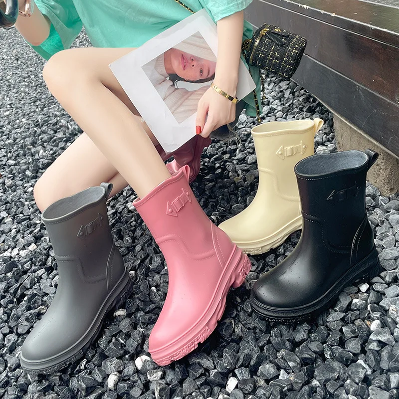 Botas de lluvia impermeables para mujer, botines de tubo corto de corte bajo, zapatos de agua de plástico