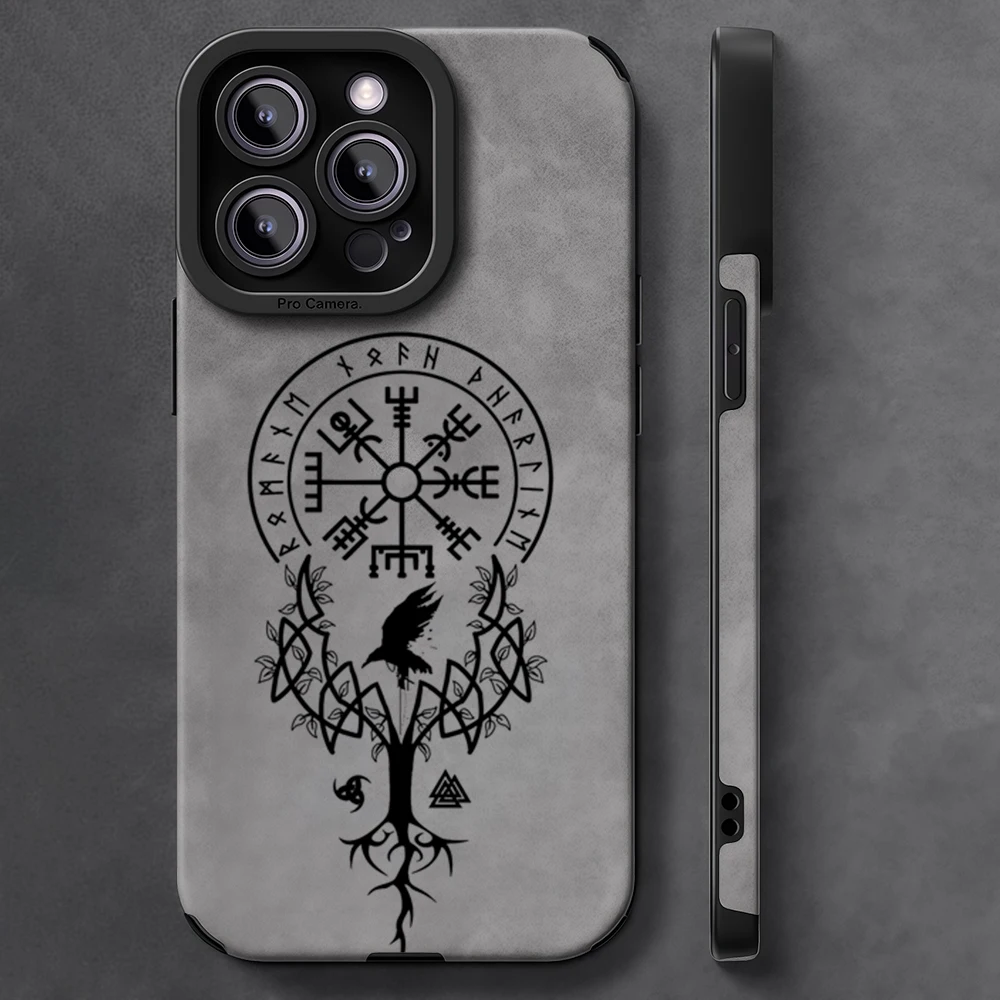 Luxuriöse, stoßfeste Leder-Lammfell-Handyhülle für iPhone 17 16 Pro Max Air 15 14 13 Max V-Viking V-Vegvisir Cool