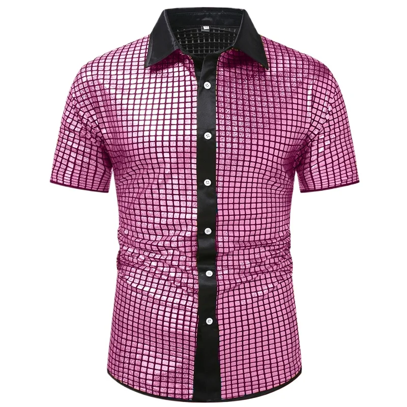 

Glossy Metallic Glitter Men Plaid Shirts 2026 Nightclub Disco Party Dress Stage Performance Shirt Mens Punk Hipster Streetwear