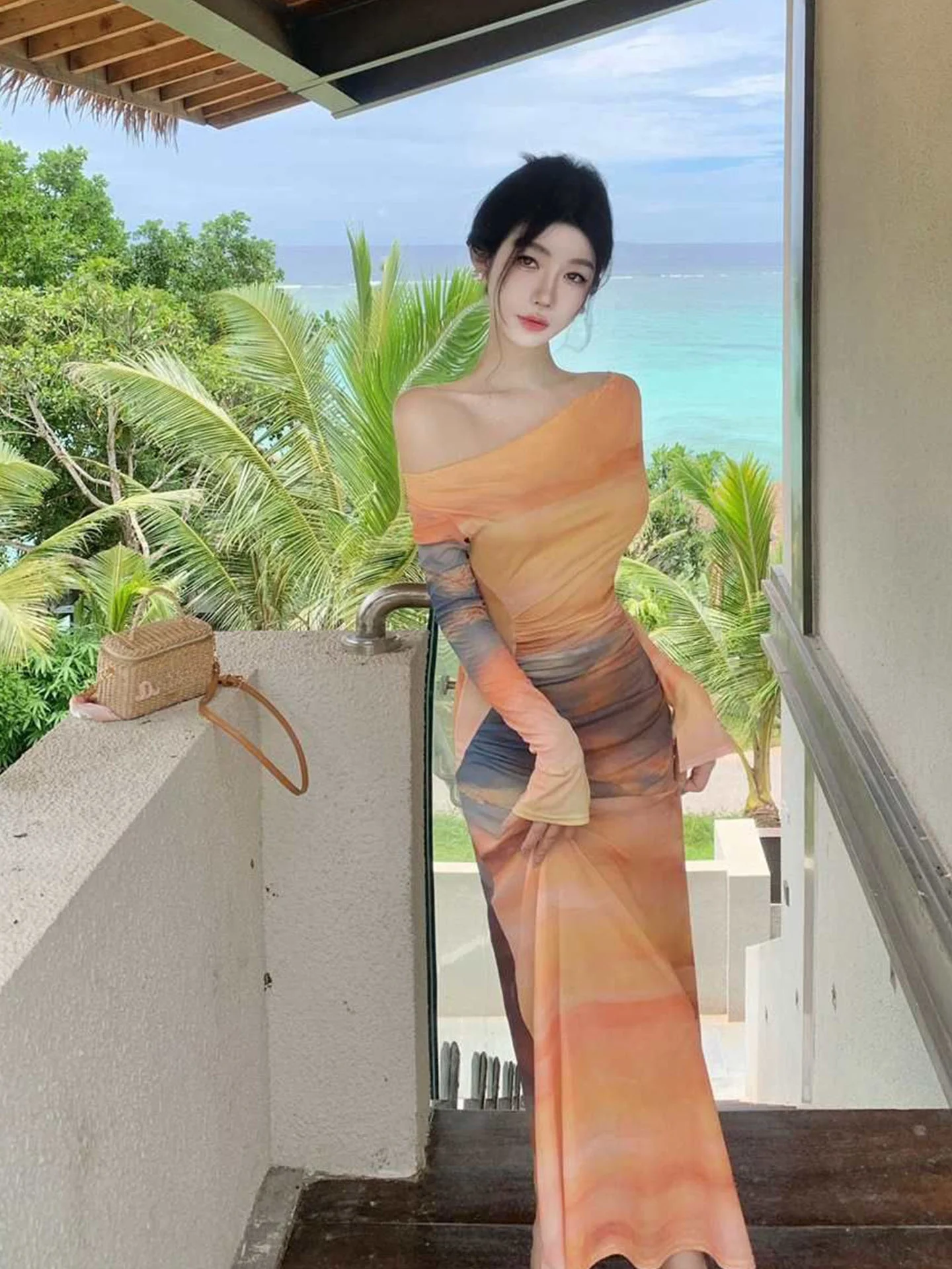 Unique Beautiful Tie Dye Mesh Long Sleeve Print Halter Dress Women's Autumn High Waist Slimming Long Dress Commute Style
