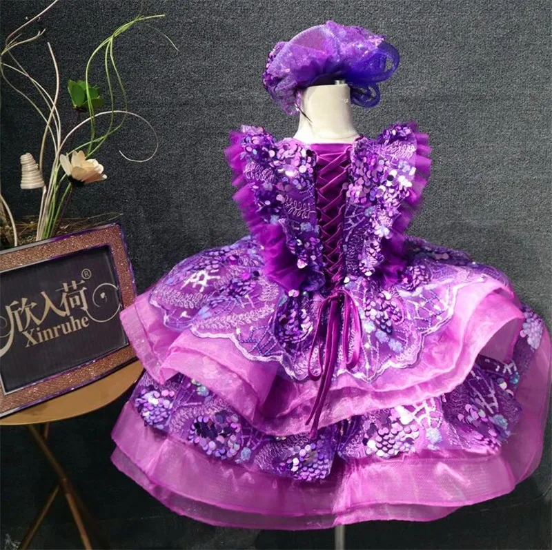 Luxury New Girls Dresses Ball Gown Tiered Tulle Floral Girls Birthday Party Gowns with Headpiece