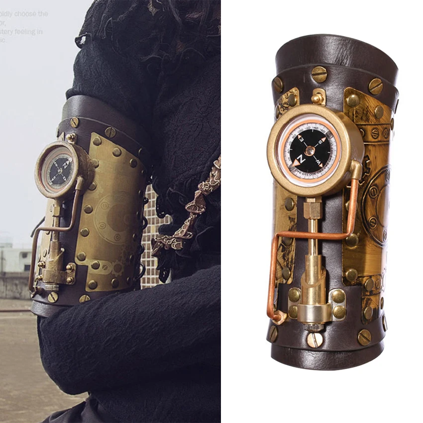 

Steampunk Arm Sleeve Cosplay Anime Accessory Armor Vintage Mechanical Compass Leather Costume for Woman Role Playing Prop